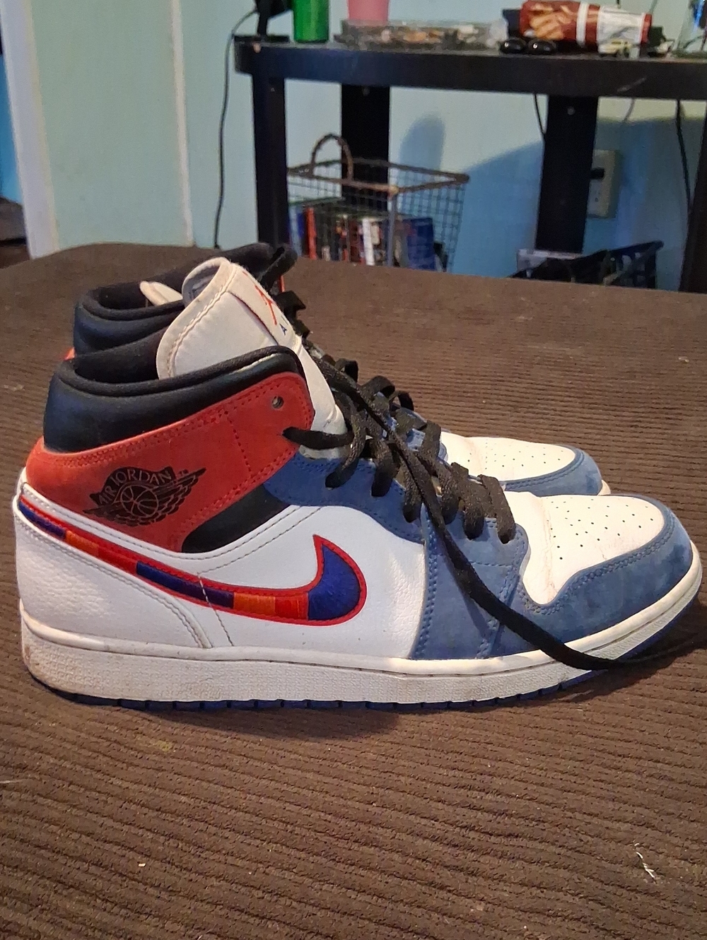Jordan High-Top Sneakers in White, Blue & Red